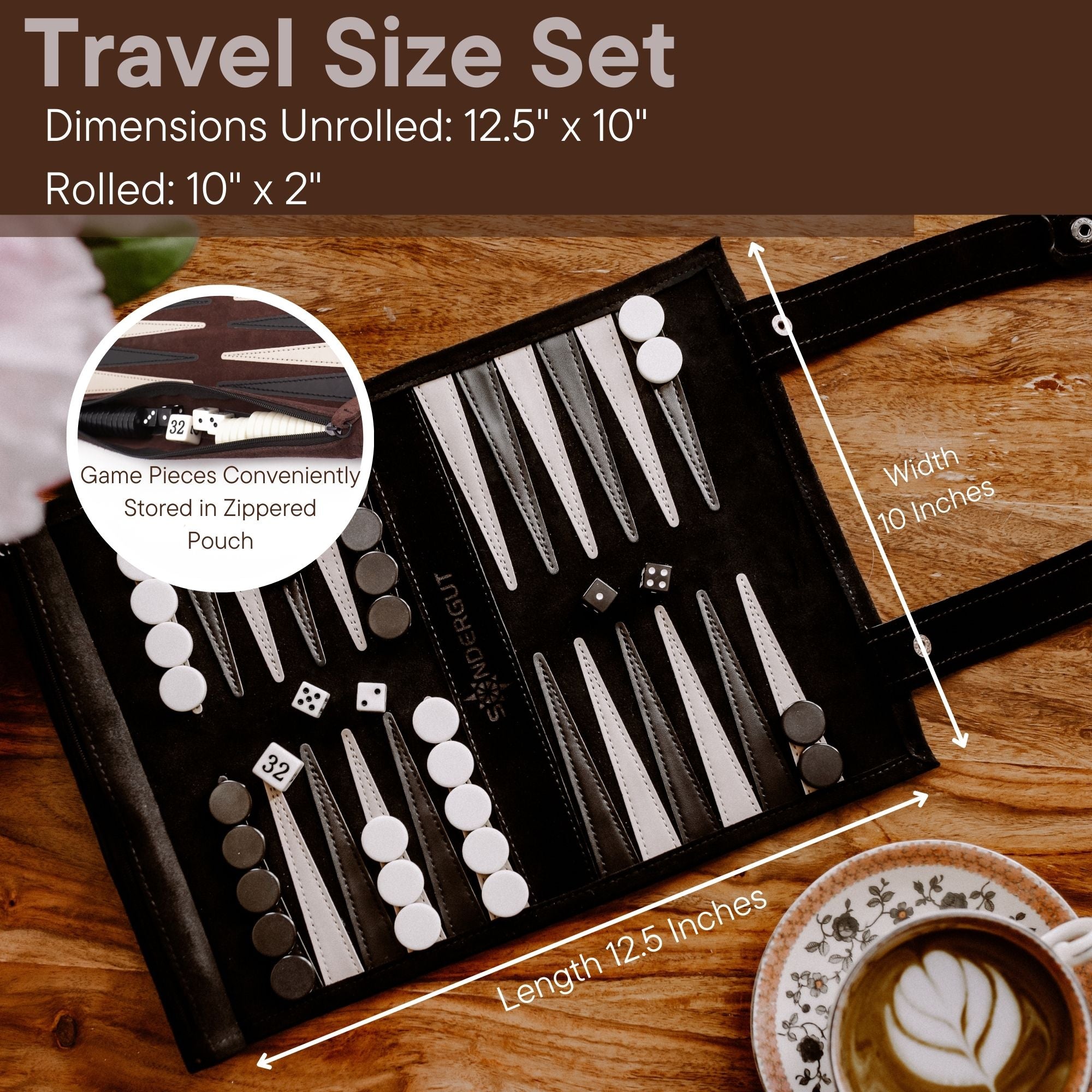 Jeu de Backgammon Premium 33 cm – Format Voyage – Tableau Noir, Blanc et Rhum Points Jeu de Backgammon Premium 33 cm – Format Voyage – Tableau Noir, Blanc et Rhum Points